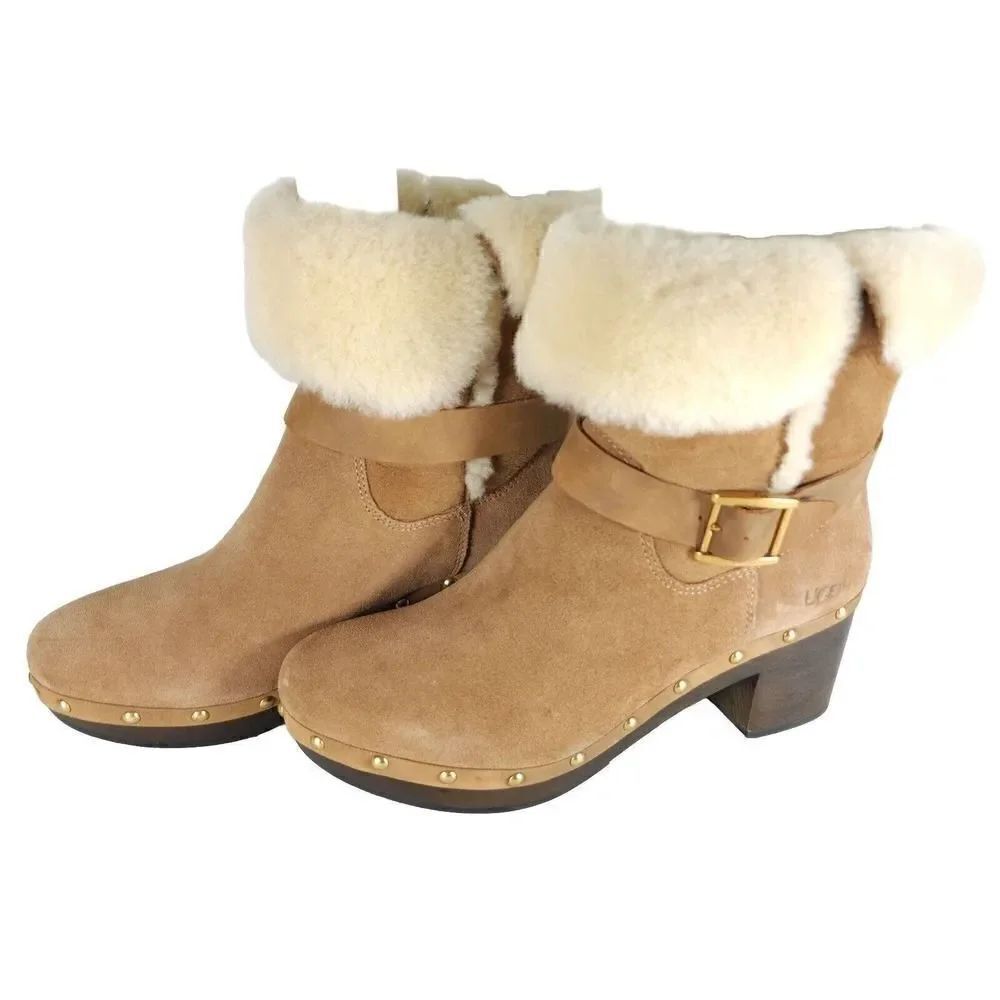 UGG Women's Brea US 9 Suede Chestnut Studded Fur Shearling Clog Boots